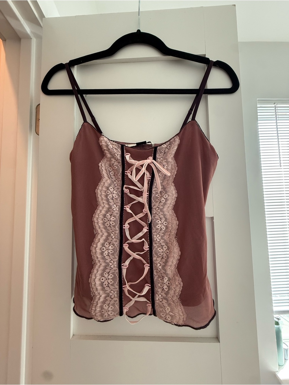 Kimchi Blue Rose Mauve Satin Lace-Up Cami with Blush Trim